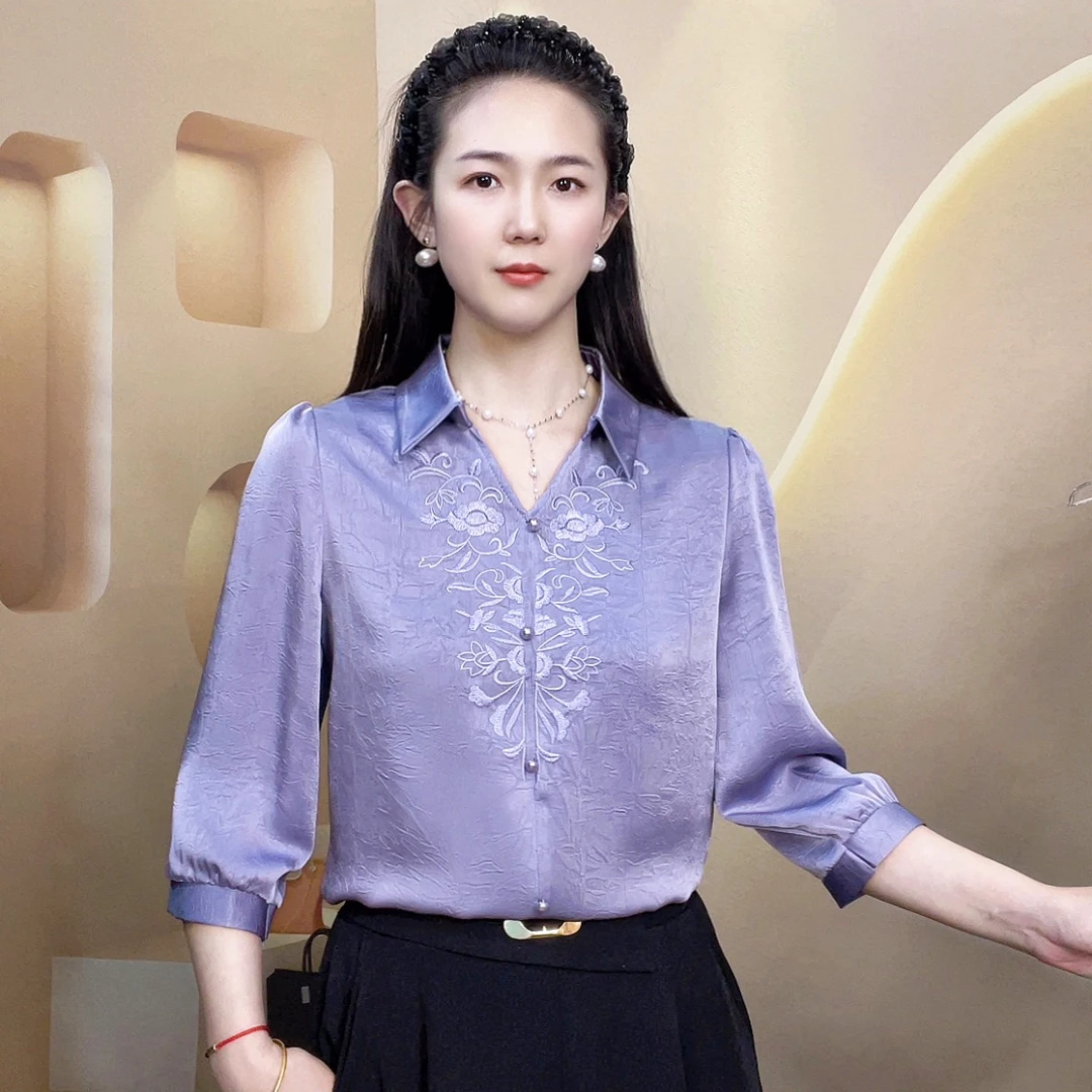 春夏新款七分袖衬衫女刺绣设计感女士绣花上衣显瘦衬衫