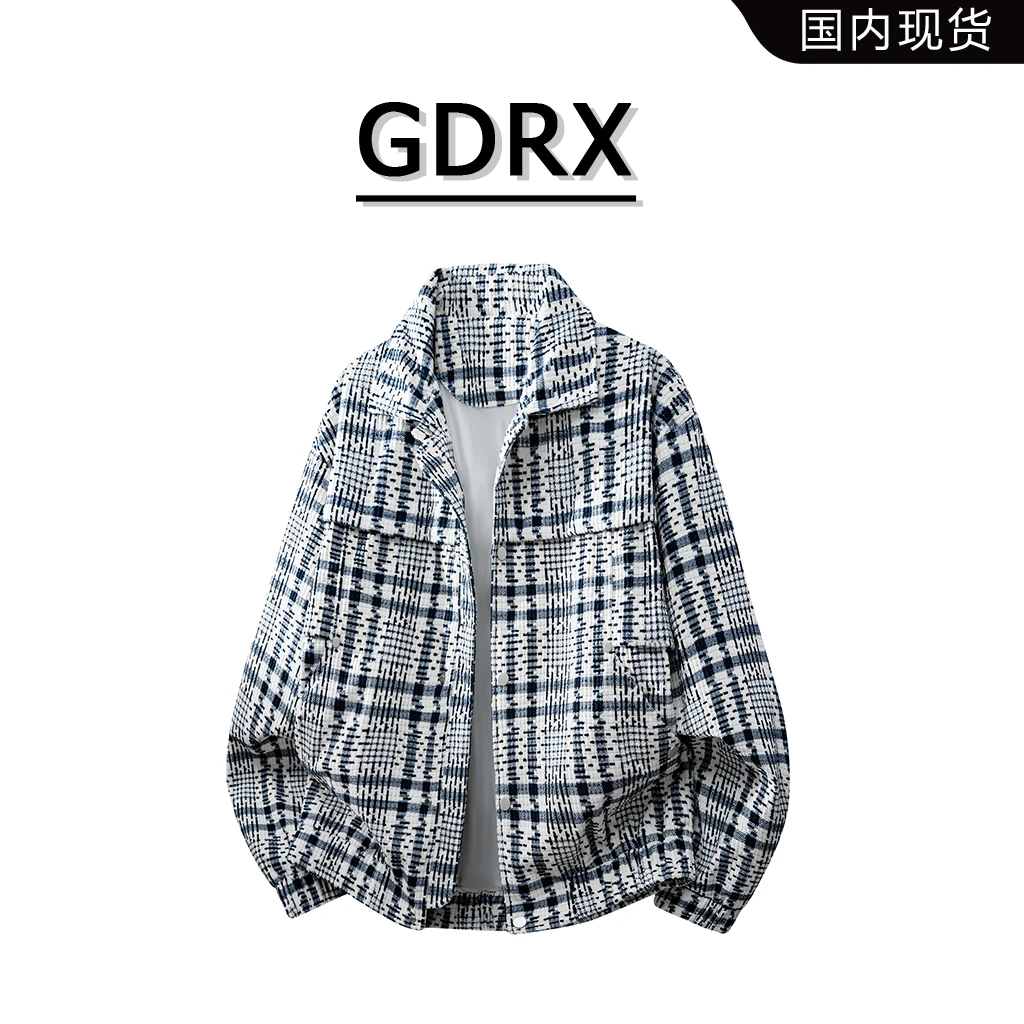 GDRX美式复古格子夹克男士秋季潮牌宽松休闲百搭翻领工装痞帅外套