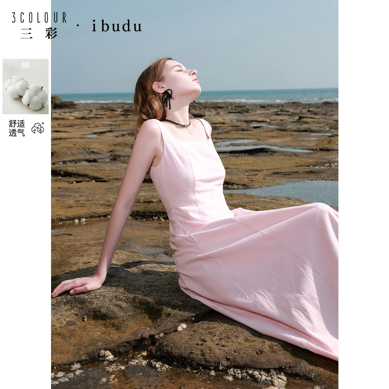 三彩ibudu2025春季方领无袖A字裙收腰大摆连衣裙背心长裙女0037
