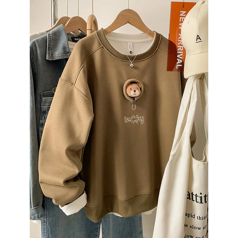 小熊刺绣设计感圆领大码卫衣外套女2025春秋新款宽松加绒胖mm