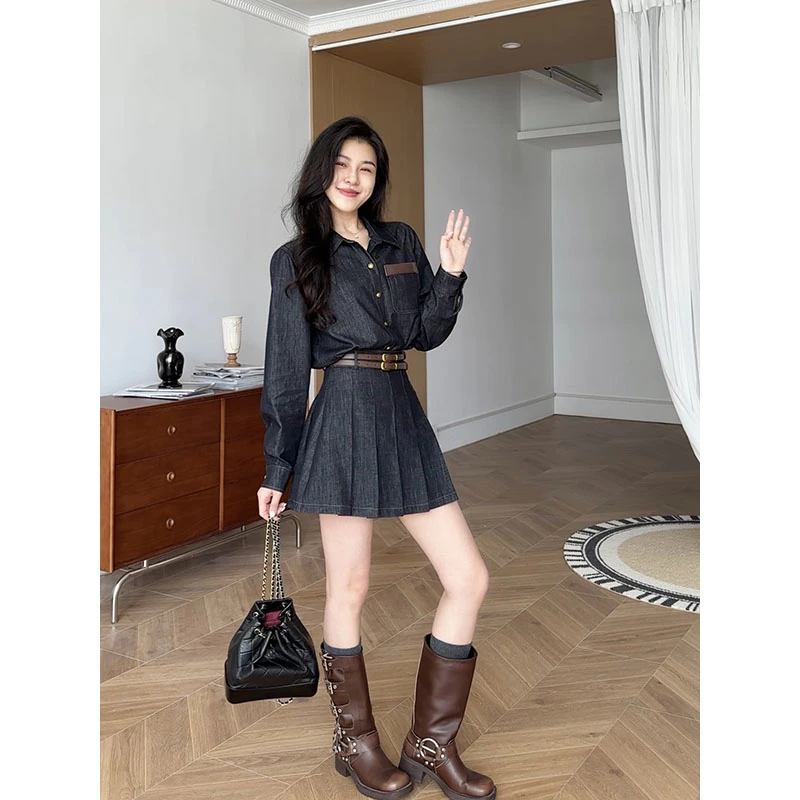 张阿星【美式特调】复古工装牛仔衬衫+高腰百褶裙裤W425A11971