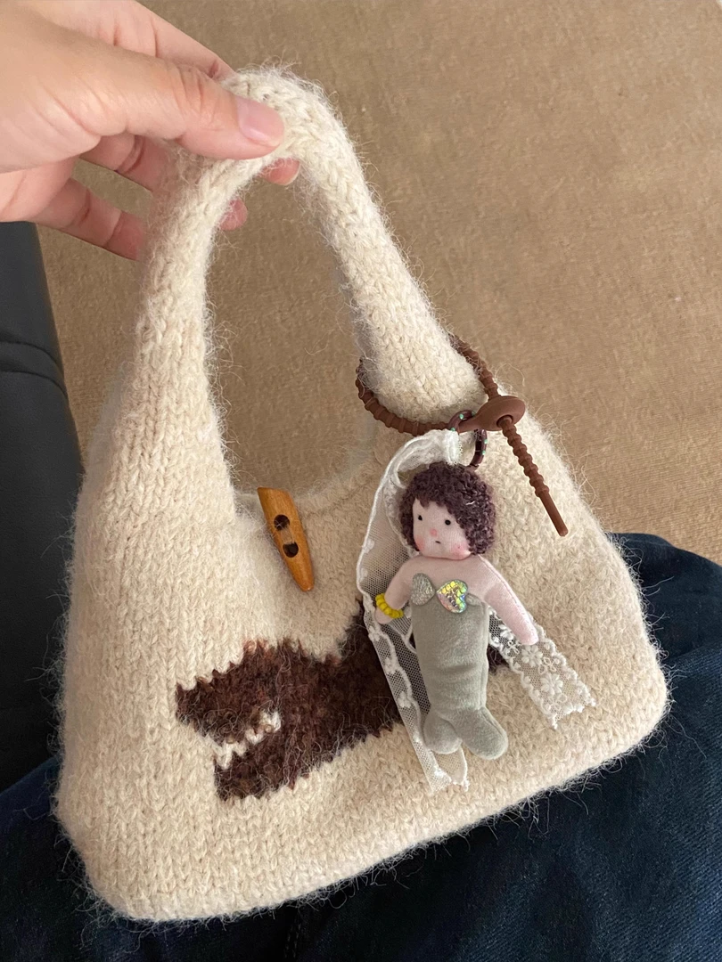 可爱毛绒手提包上班杂物小拎包毛茸茸收纳包毛线针织包包女式冬季