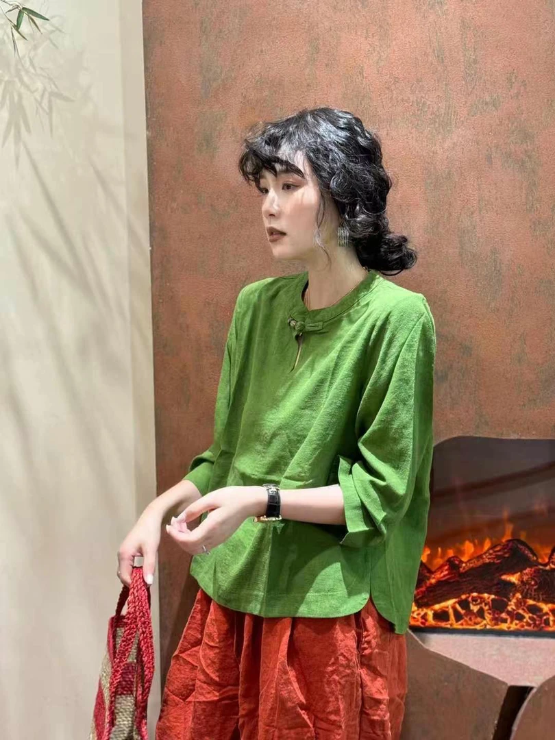 2025春夏新款韩版宽松文艺复古亚麻立领九分袖套头T恤女百搭小衫