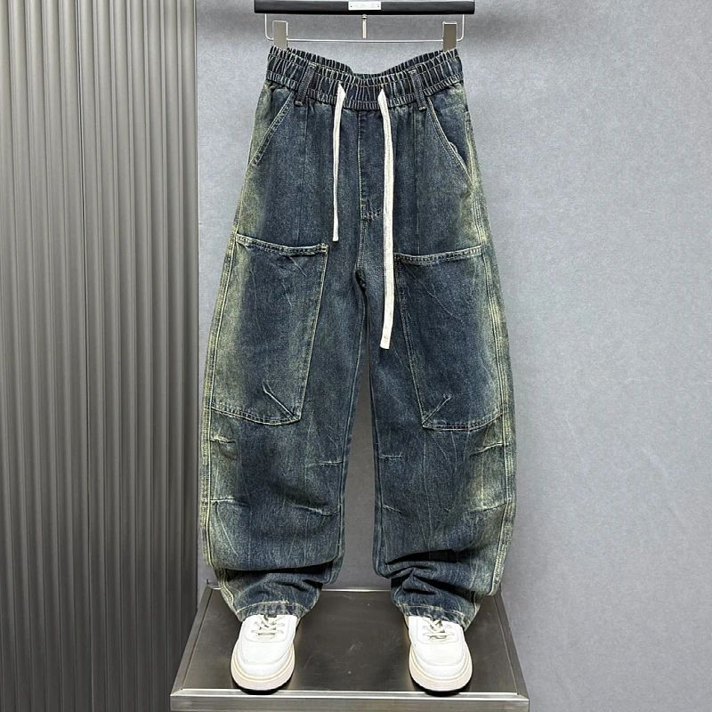 牛仔裤男2025秋冬新款潮牌渐变色阔腿长裤子松紧腰痞帅休闲弯刀裤