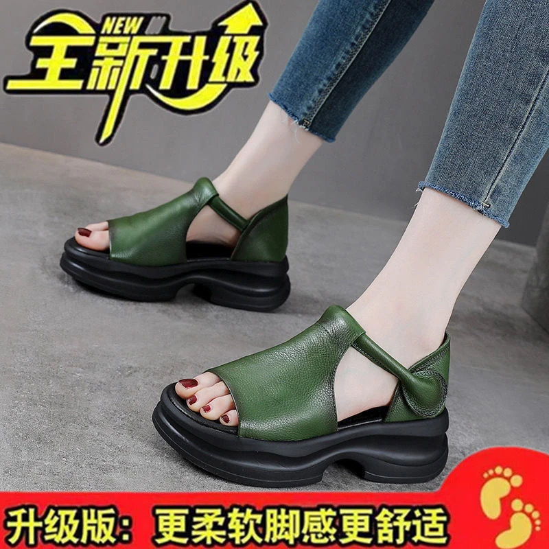 真软皮凉鞋女厚底罗马凉鞋女2025夏季新款鱼嘴露趾外穿沙滩鞋