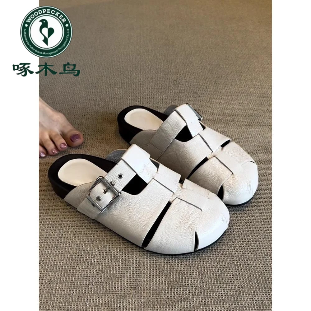 啄木鸟韩版时尚厚底增高包头半拖鞋女夏复古镂空皮带扣一字勃肯鞋