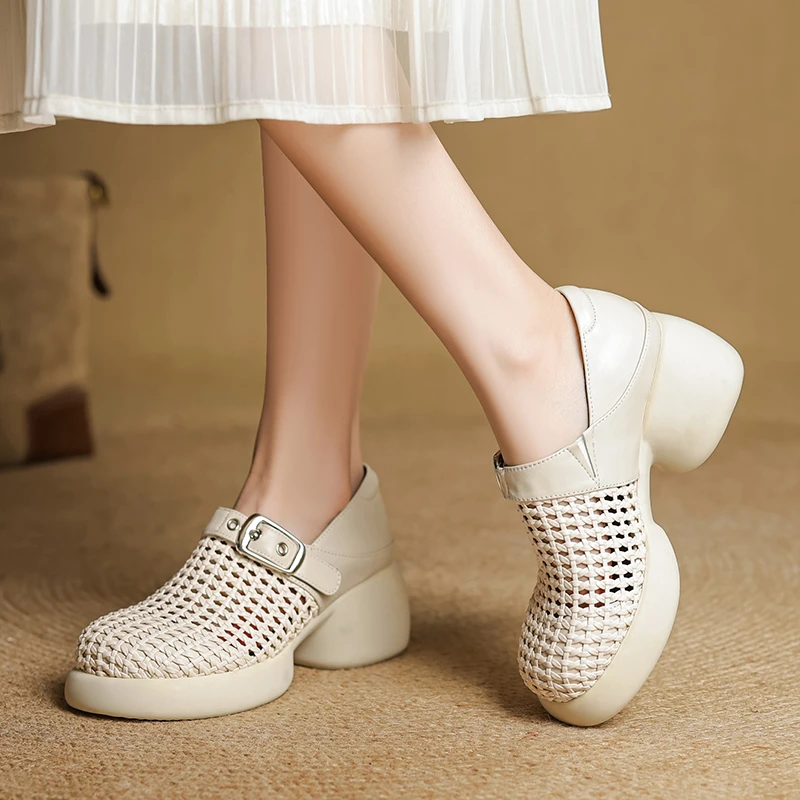 牛皮6公分/夏季时尚百搭显瘦气质凉鞋复古增高镂空真皮包头女鞋