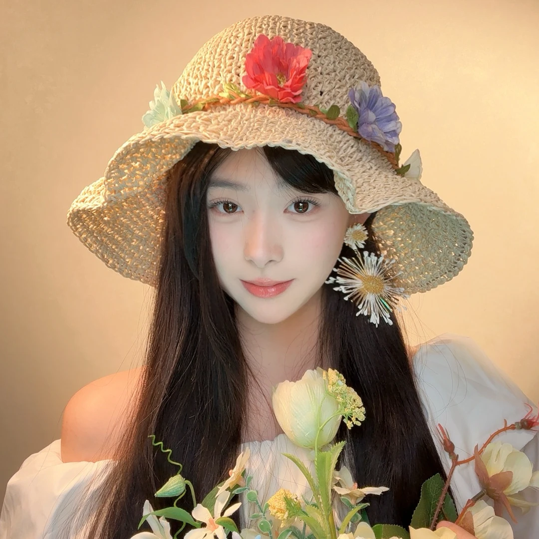 彩色花朵镂空草帽编织女大帽檐夏季帽子遮阳防晒帽度假海边太阳潮