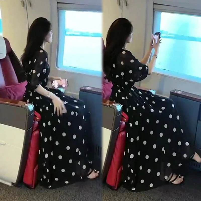 法式网红连衣裙新款2025雪纺夏季显瘦收腰波点气质波点爆款裙子潮