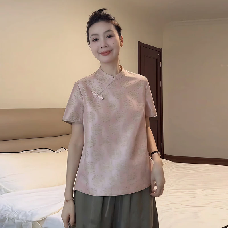新中式国风复古印花短袖盘扣立领衬衫女新款时尚气质宽松百搭上衣