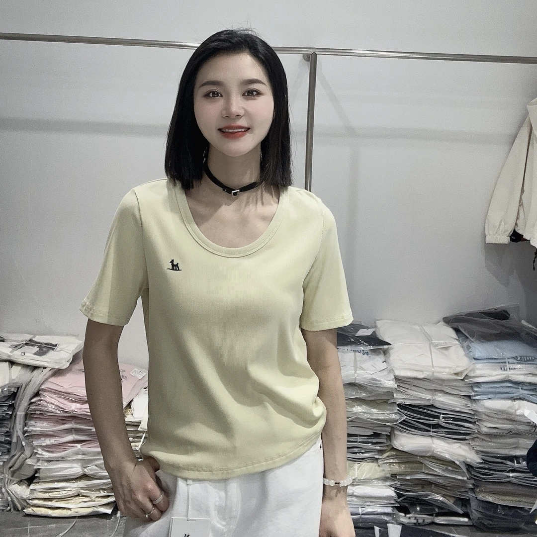 LMM 9227 卡通刺绣U领短袖T恤女2025夏季新款欧货时尚修身显瘦