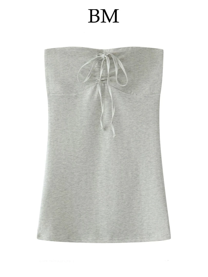 BM 新款美式灰色抹胸bm吊带背心女修身系带露肩辣妹风上衣