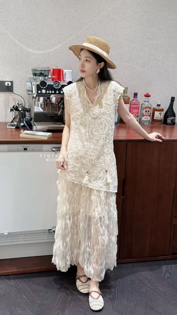 W123欧货正品休闲风连衣裙设计师时尚复古法式拼接长裙女7737