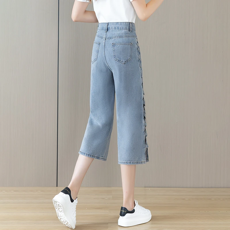 镂空2025年夏季新款七分薄款阔腿裤宽松浅蓝高腰垂感直筒牛仔裤女