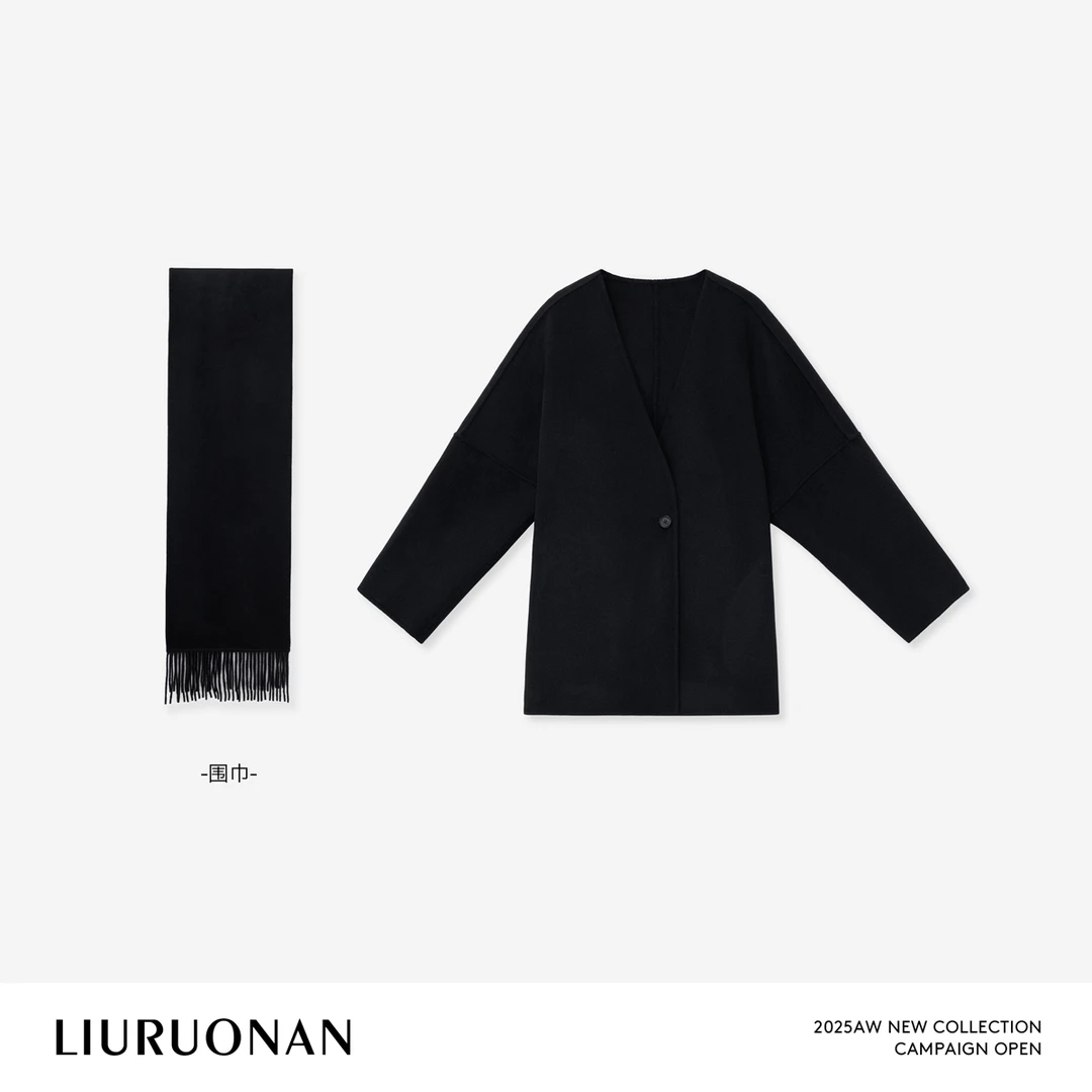 LIURUONAN 25WIN【素描大衣】羊毛V领廓形保暖长袖毛呢外套/配围巾