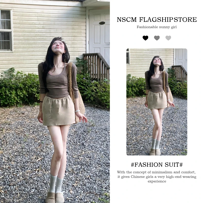 NSCM韩系洋气衣服女显瘦修身长袖上衣女款气质新款夏季高腰短裙子