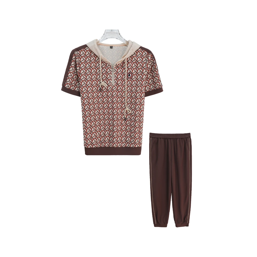 时尚夏季百搭连帽短袖上衣减龄休闲撞色套装S2060