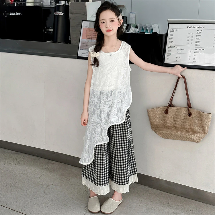 女童洋气套装夏季款2025爆款大童女装儿童格子阔腿裤三件套高级感