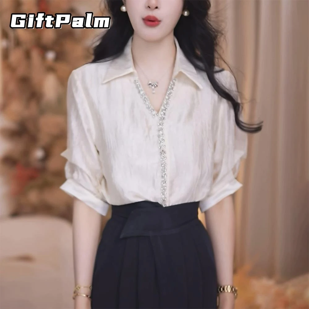 GiftPalm法式短袖衬衫女新款轻奢高级感减龄洋气v领重工烫钻衬衣