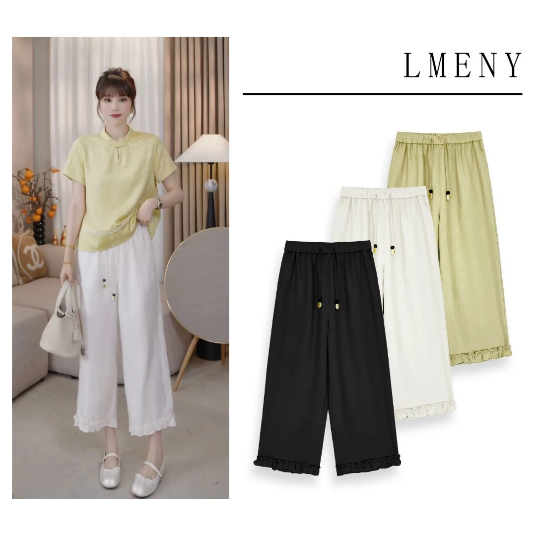 LMENY100醋酸凉感花边裤！抓皱纹理重工显瘦八分醋酸裤25BK035