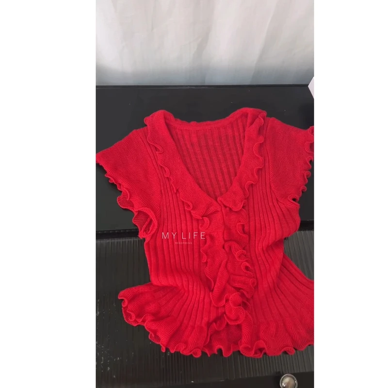 韩系木耳边V领坑条短袖针织t恤女夏季新款修身显瘦针织短袖上衣