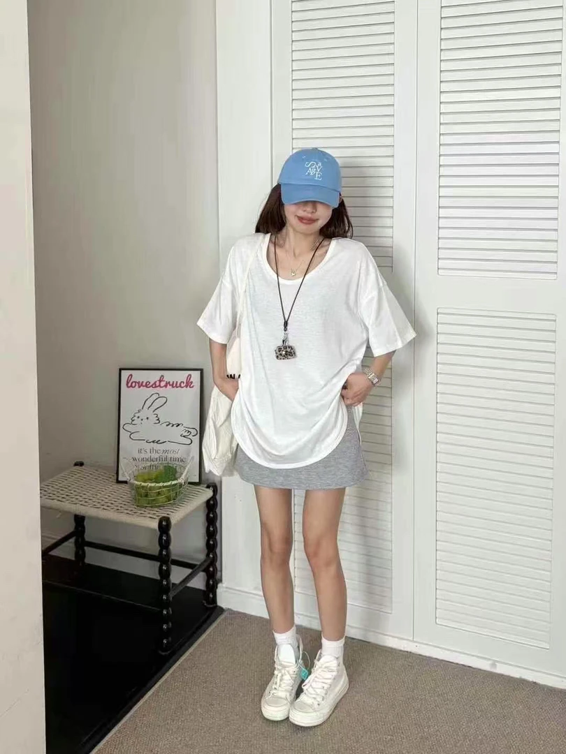 大领口白色t恤女短袖大版新款夏季宽松U领薄款纯色雪花棉半袖上衣