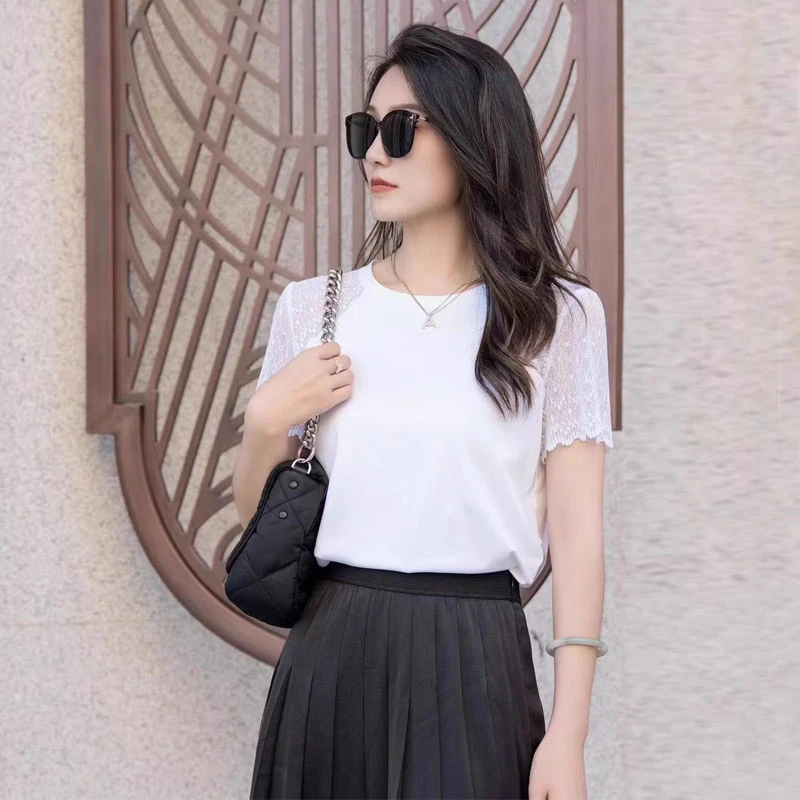 【专柜正品】夏季新款简约时尚百搭修身圆领蕾丝拼接短袖T恤5301053