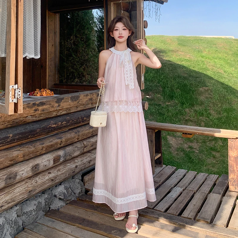 粉色甜美蕾丝蝴蝶结背心半身裙套装女2025夏新款绝美巨好看两件套