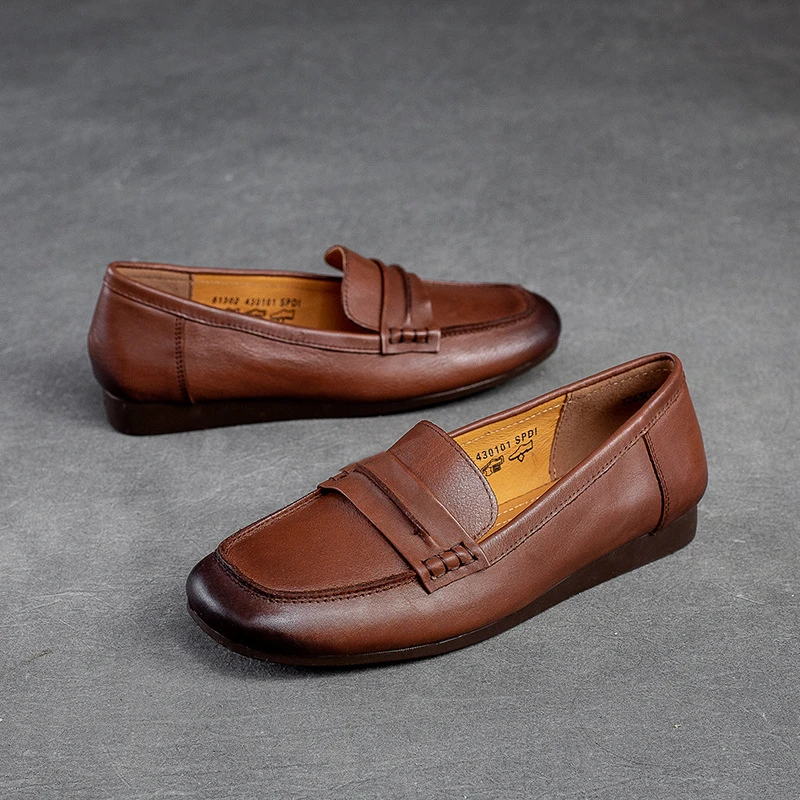 复古真皮女鞋春秋款平底牛皮一脚蹬乐福鞋软底软面3077