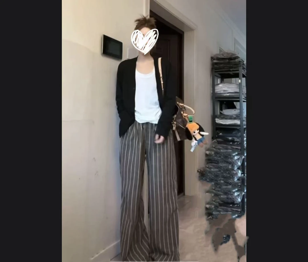 大码女装秋季新款外披背心条纹阔腿裤宽松休闲显瘦三件套