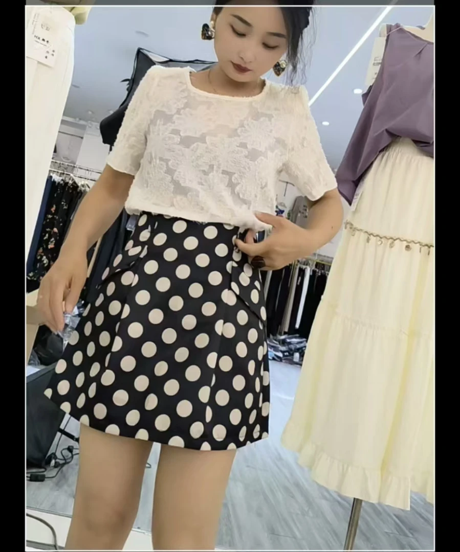 显瘦时尚休闲百搭拼接包臀裙波点A字短裙高腰2093