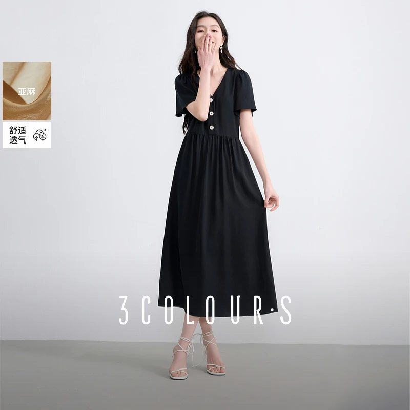 三彩2025夏季新款连衣裙V领收腰A字裙长裙优雅气质S
