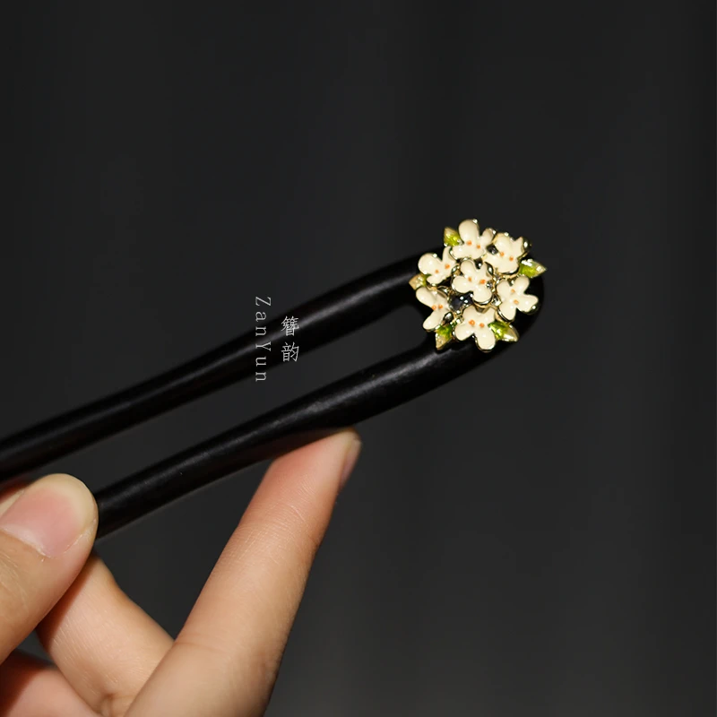 u型发簪古风精致桂花花朵天然檀木木质簪子女高级感日常短款发钗