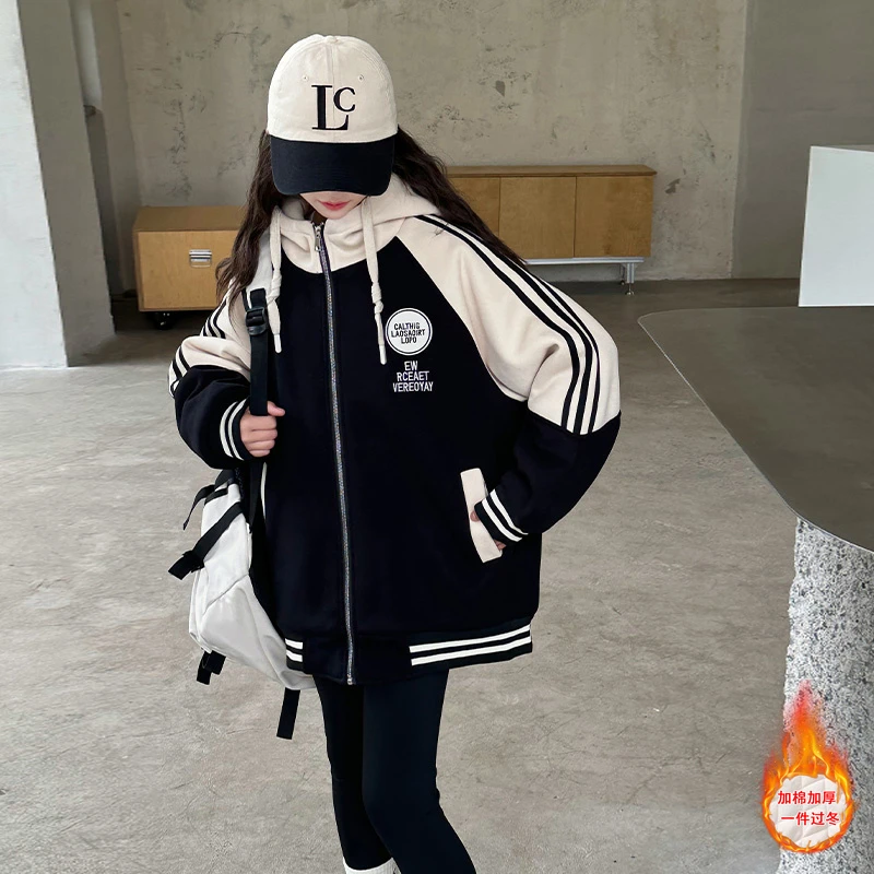 女童外套秋冬款2025新款洋气儿童冬季加厚卫衣夹棉棒球服大童上衣