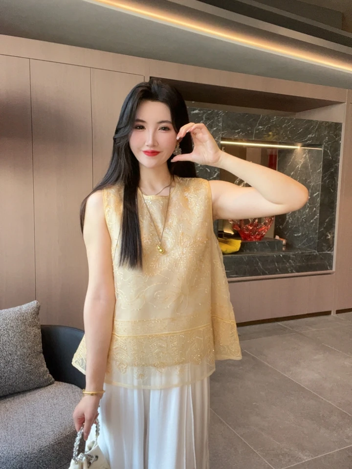 【柠棠】夏季2025新款上衣小衫新中式女装国风圆领绣花宽松无袖背心