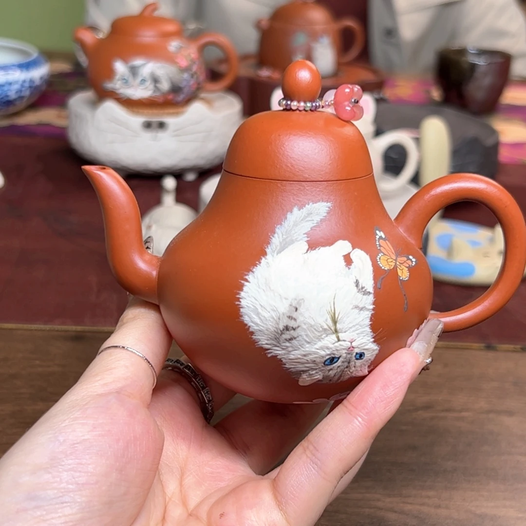 紫砂茶壶朱泥猫咪思婷 170ml