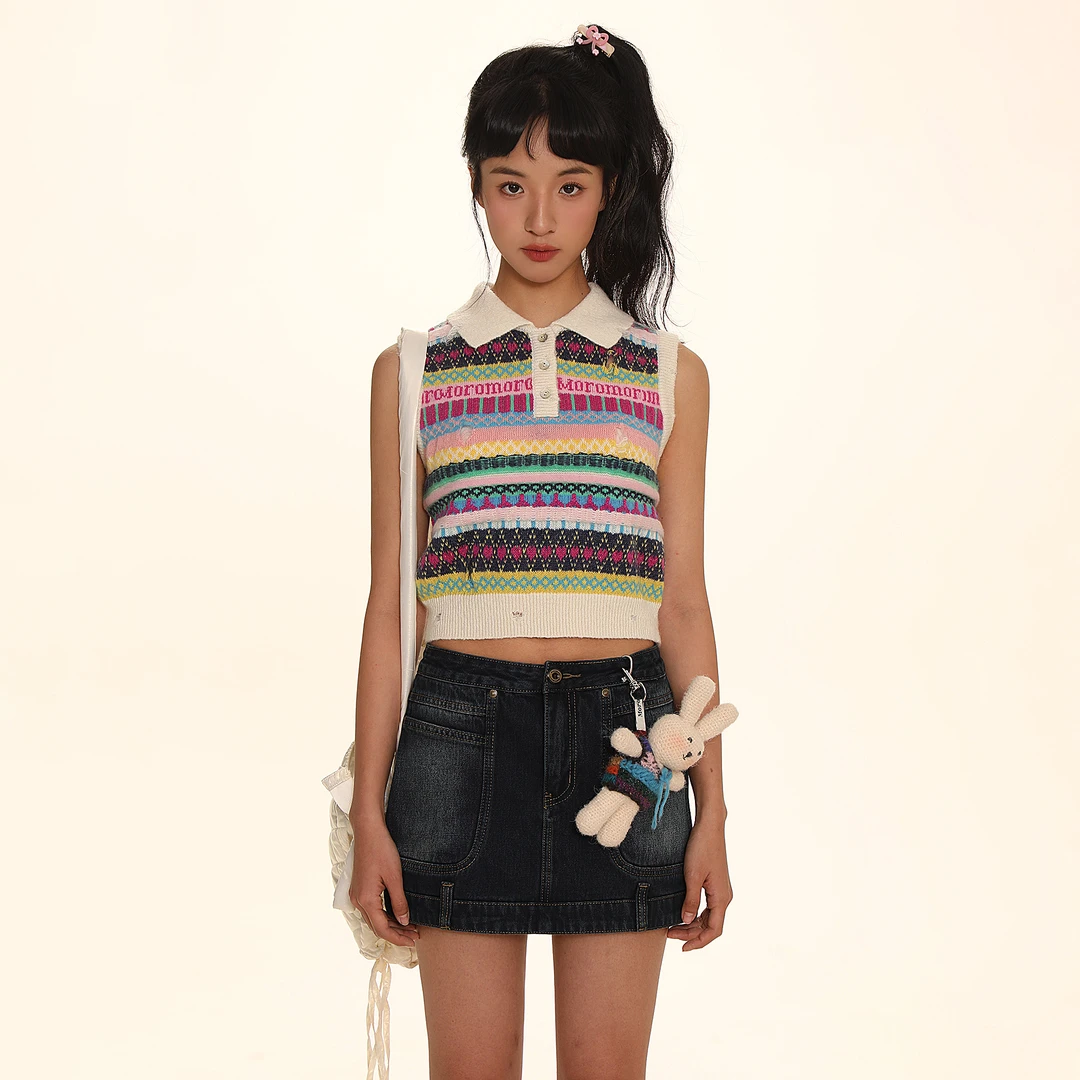Moromoro新款复古彩色提花费尔岛横条纹磨破短Polo无袖针织背心女