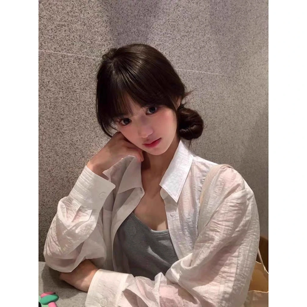 慵懒风清新蓝色防晒衬衫女夏季薄款肌理感微透百搭休闲长袖衬衣潮