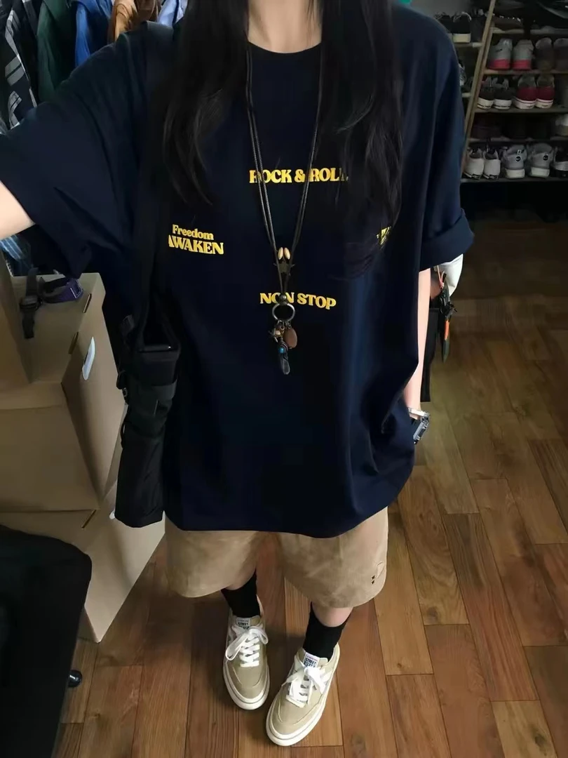 100%纯棉美式高街简约字母2025宽松情侣男女上衣懒惰小众短袖T恤