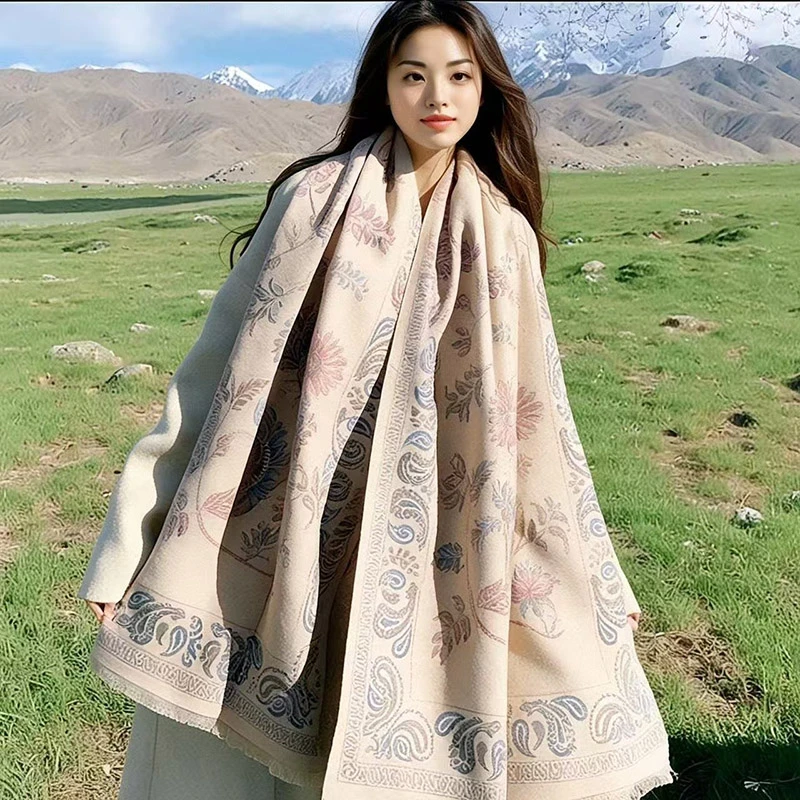 2025新款纯羊绒围巾女式披肩印花双面加厚围脖秋冬鄂尔多斯市