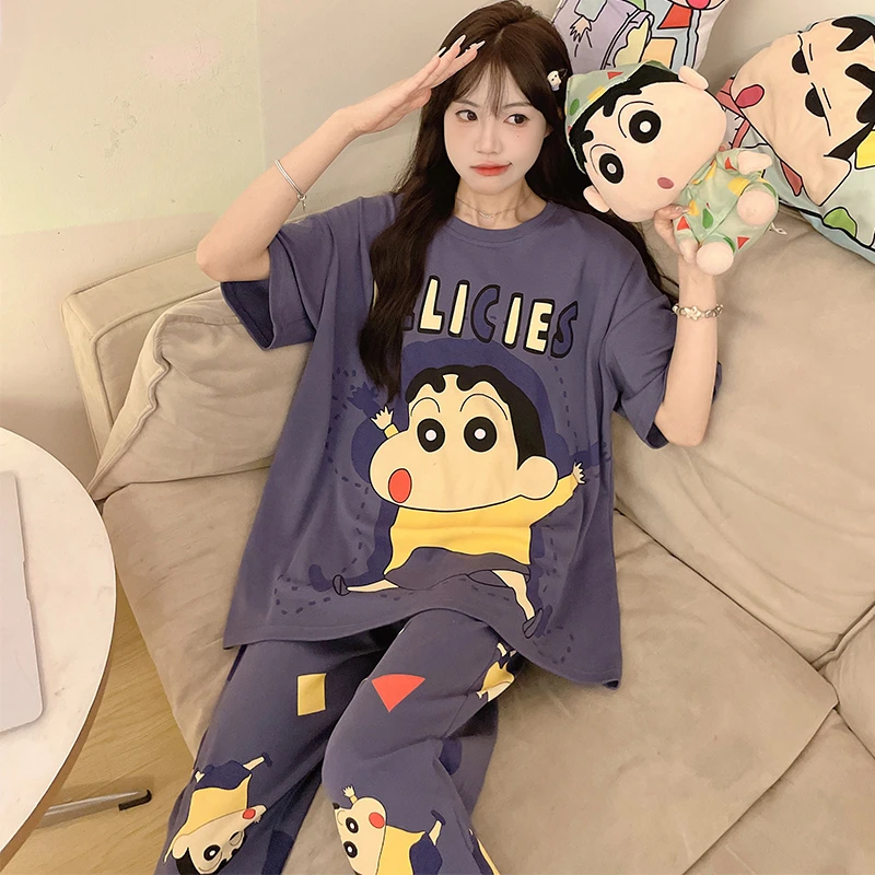 纯棉睡衣女夏季薄款短袖长裤大码200斤女款卡通春夏款家居服套装