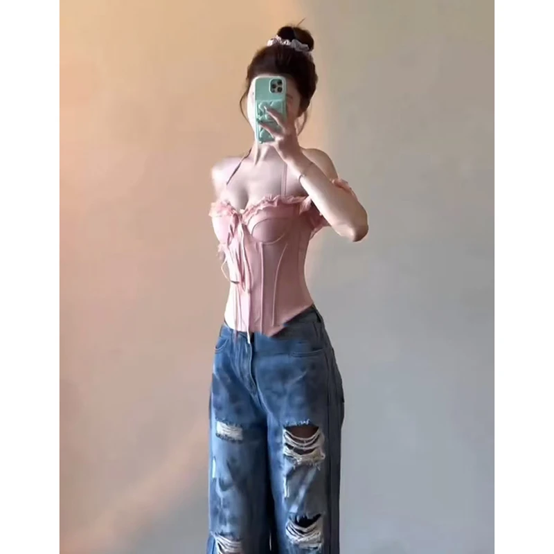 【B Y】2025辣妹风甜美粉色性感名媛鱼骨抹胸上衣修身气质牛仔裤女