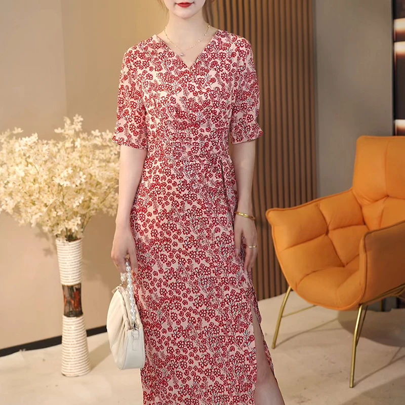 碎花修身花色a字连衣裙长裙中长款洋气法式显瘦夏季收腰时尚