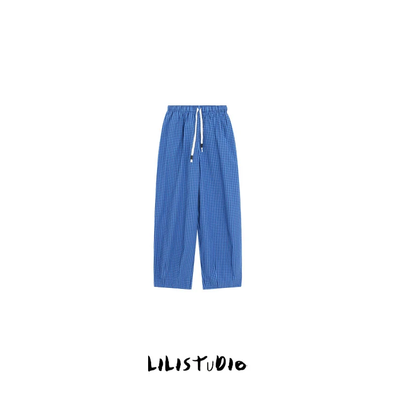 PCNY「蓝格清逸」不理理夏季新款小众女装穿搭潮流格纹百搭休闲长裤