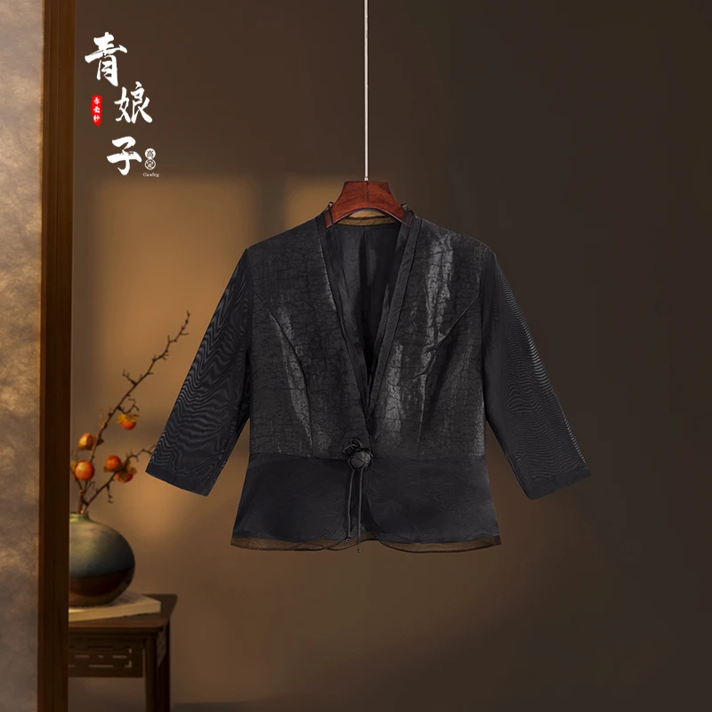 青娘子香云纱龟裂纹拼接新中式气质修身女士春夏时尚短款上衣479