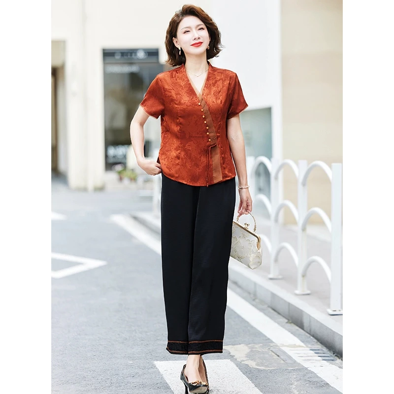 2025新中式妈妈夏装套装时尚中老年人女装夏季洋气小衫宽松两件套