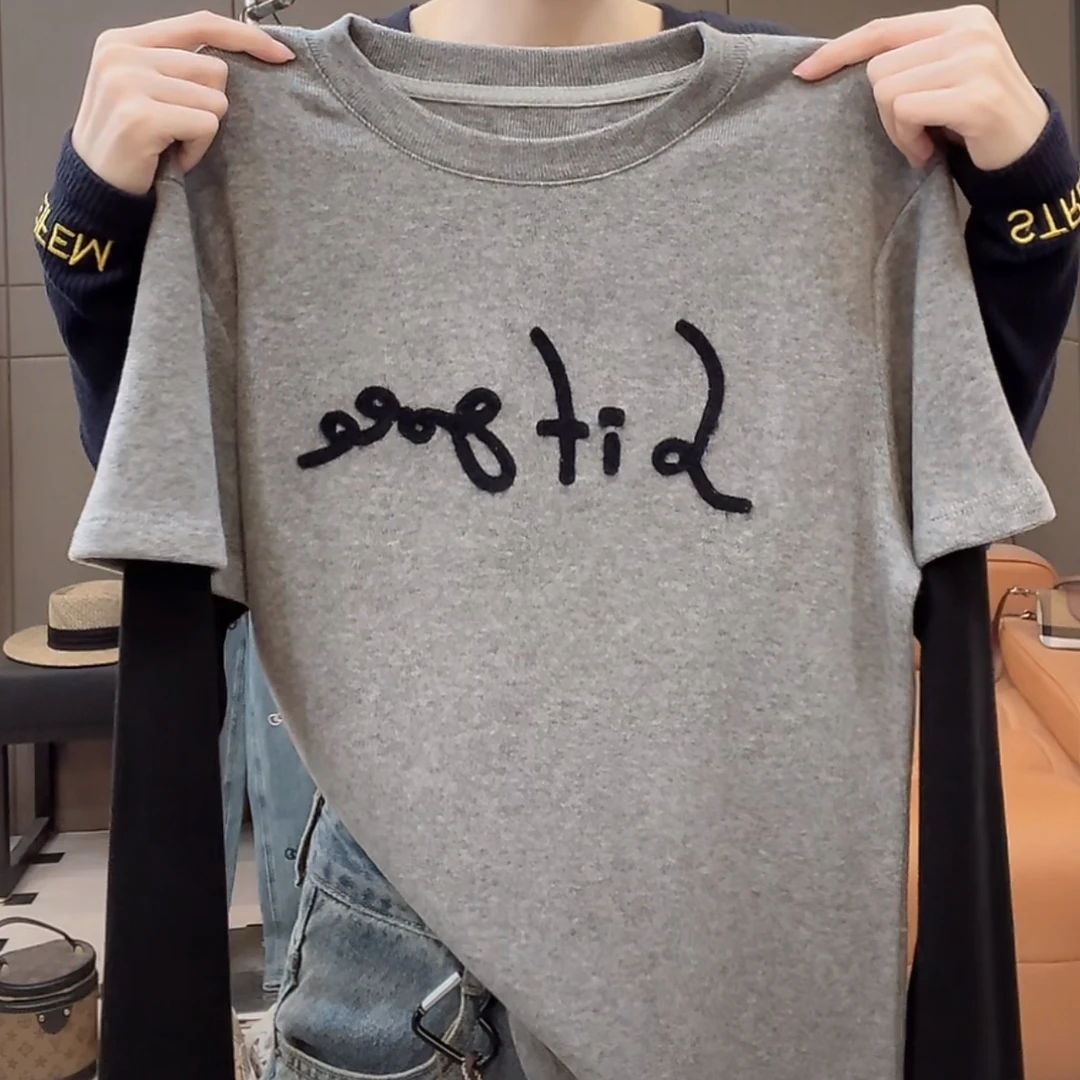 设计感假两件德绒长袖打底T恤女2025秋冬季新品遮屁股大版上衣