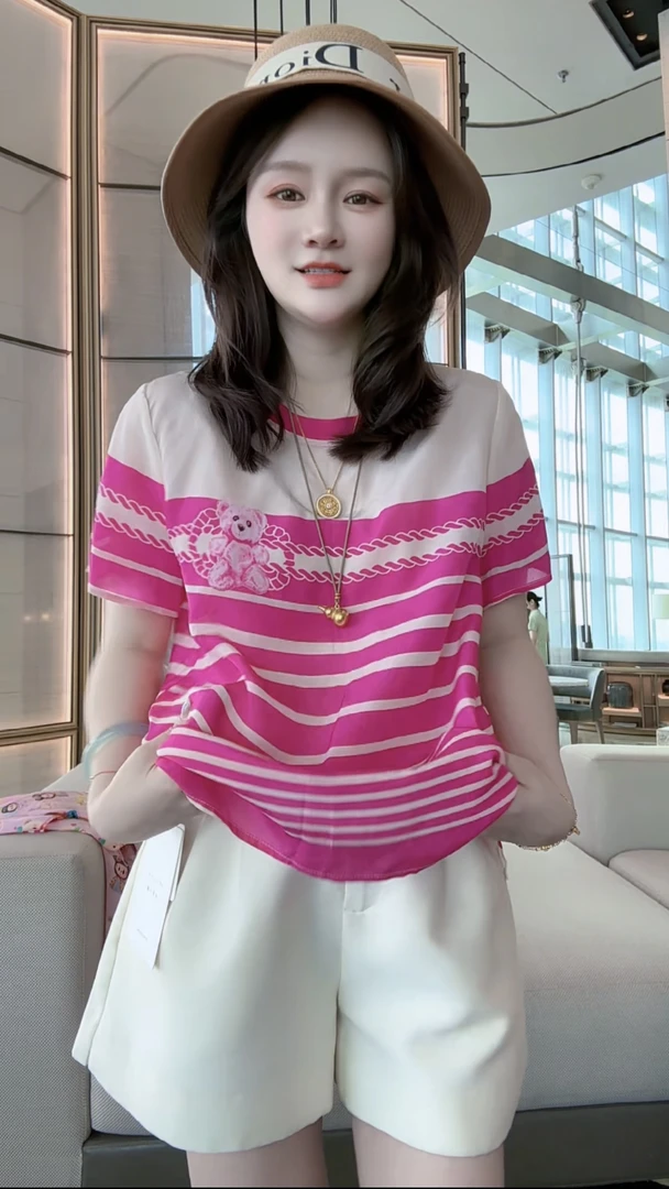 【丝芙玉禄】（A009）真丝双绉创意粉条纹小熊时尚显瘦桑蚕丝t恤上衣