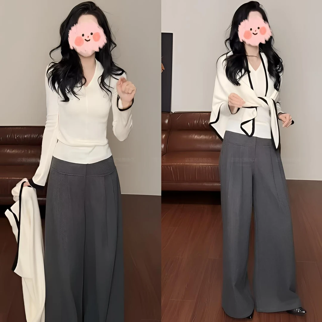 新款秋季轻奢松弛真两件设计感针织衫显瘦气质百搭西裤套装女