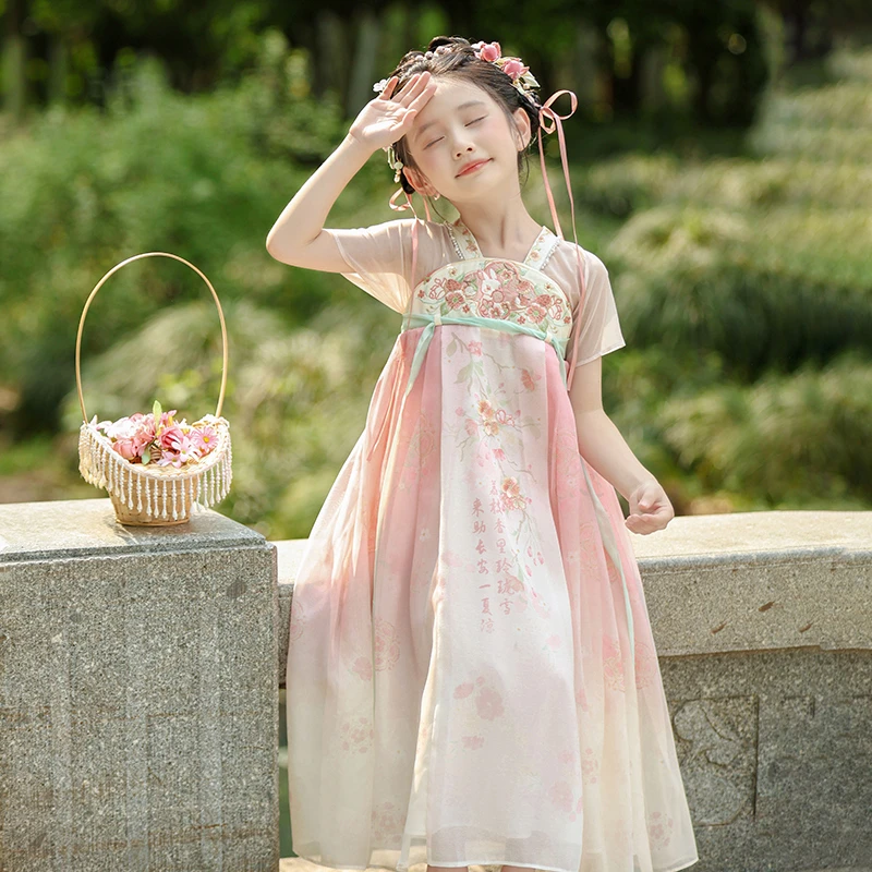 【荔枝雪】儿童汉服夏季小女孩古装古风超仙短袖改良襦裙女童连衣裙